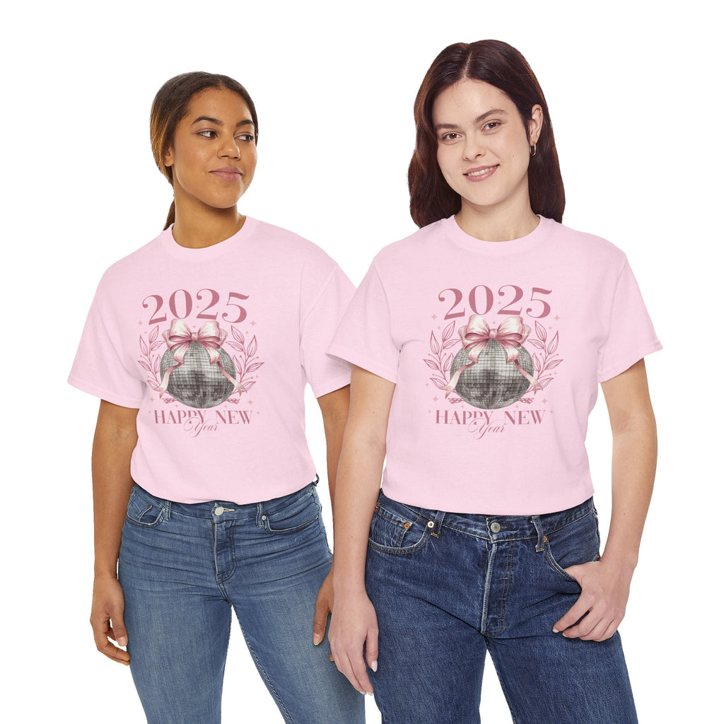 2025 Happy New Year T-Shirt – Festive Disco Ball Bow Design Tee - Stonk Shark Co.