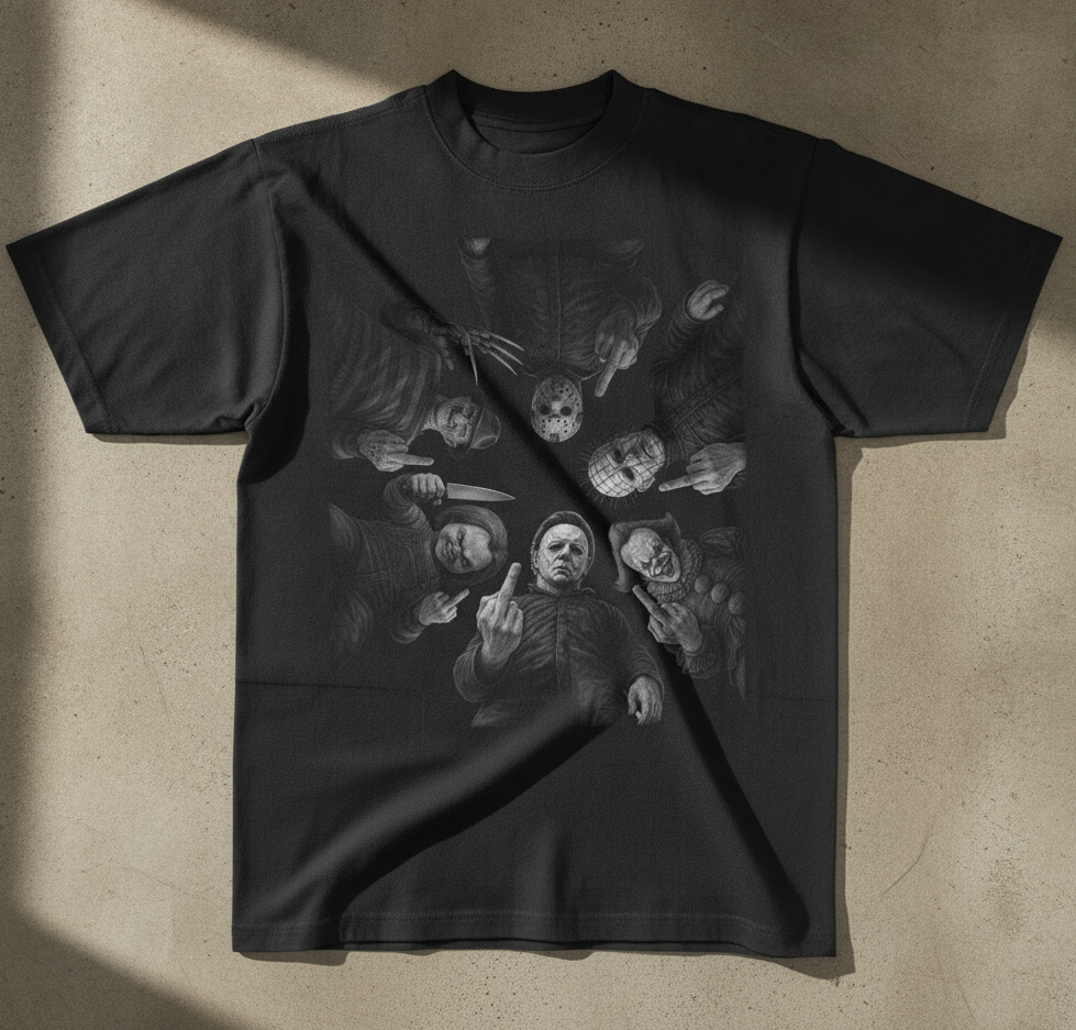 Dead Rapists Don't Reoffend Horror Icons Tee — Folded lay