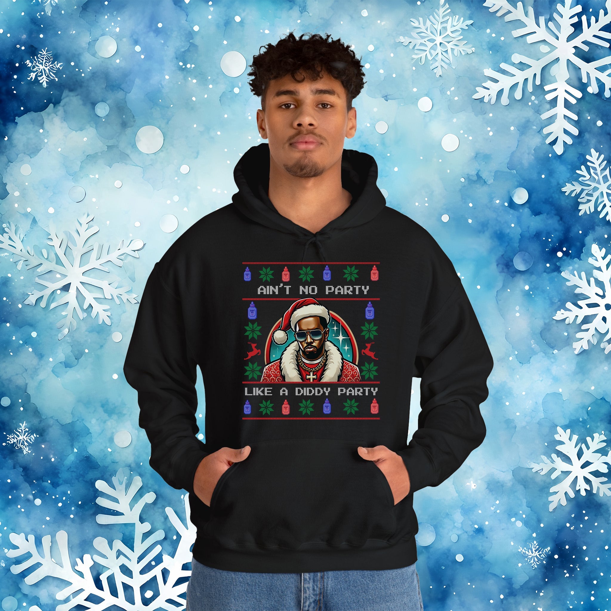 Ain’t No Party Like a Diddy Party Ugly Christmas Hoodie – Funny Holiday Hip - Hop Meme Hooded Sweatshirt - Stonk Shark Co.