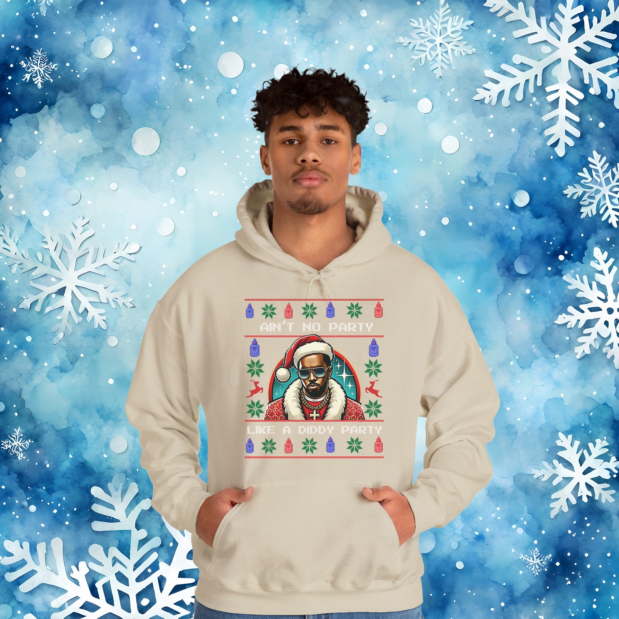 Ain’t No Party Like a Diddy Party Ugly Christmas Hoodie – Funny Holiday Hip - Hop Meme Hooded Sweatshirt - Stonk Shark Co.