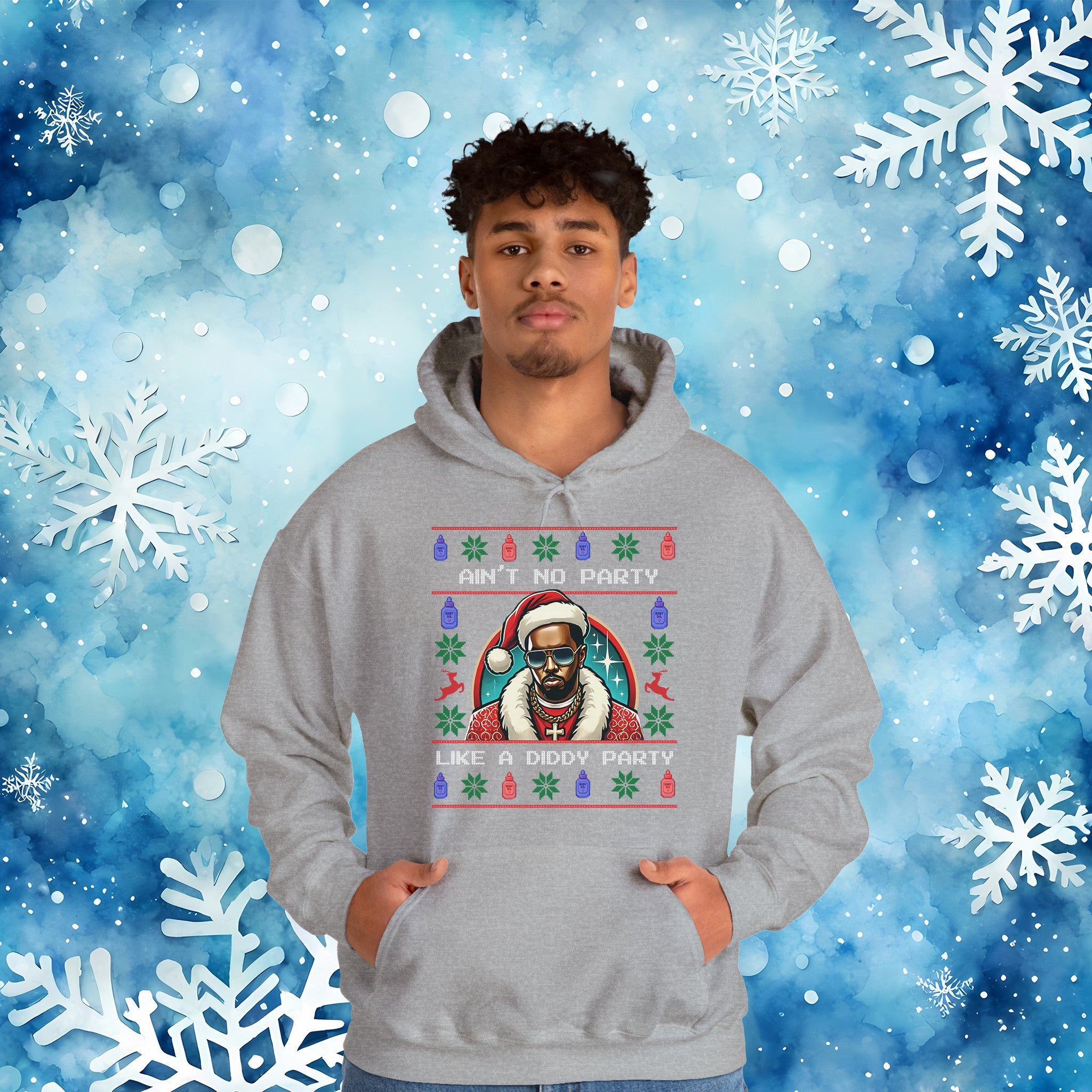 Ain’t No Party Like a Diddy Party Ugly Christmas Hoodie – Funny Holiday Hip - Hop Meme Hooded Sweatshirt - Stonk Shark Co.