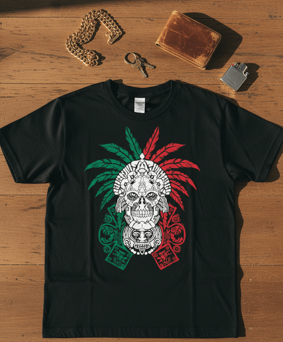 Aztec Warrior Skull Mexico Flag Graphic Tee - Stonk Shark Co.