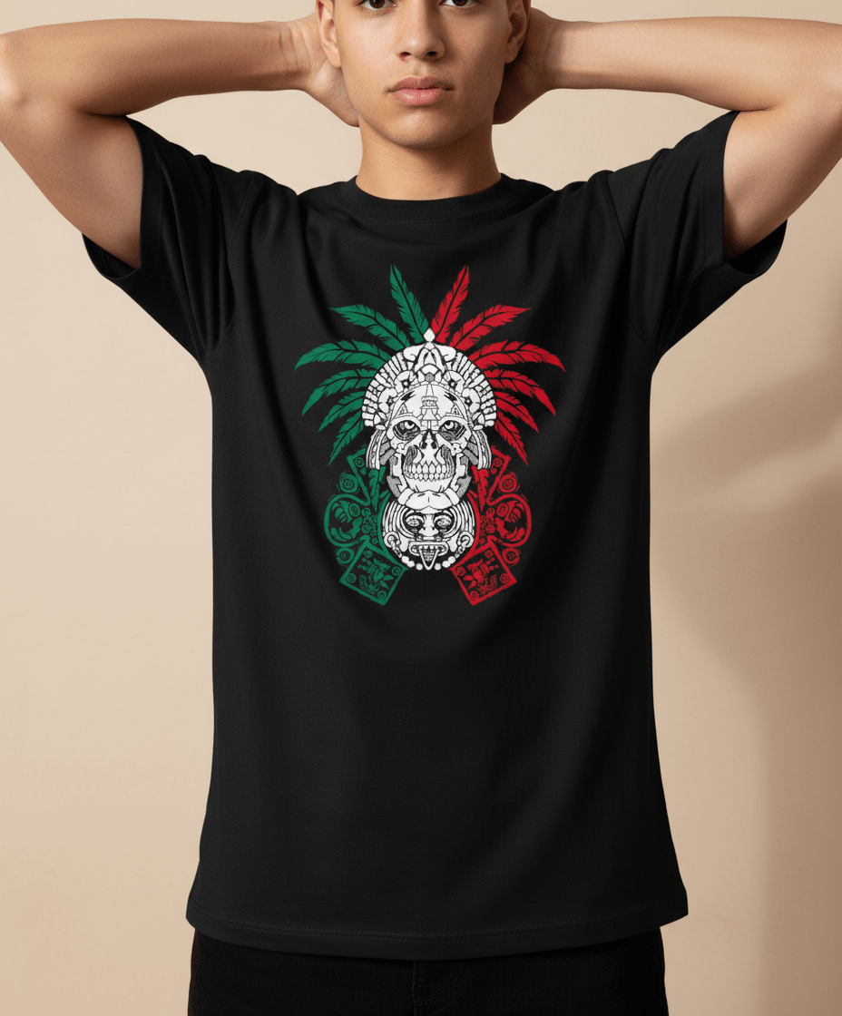 Aztec Warrior Skull Mexico Flag Graphic Tee - Stonk Shark Co.