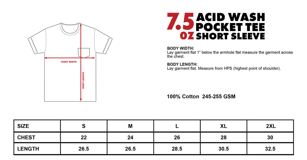 Shaka Wear 7.5oz Acid Wash Pocket Tee size chart - chest width and body length in inches, S through 2XL