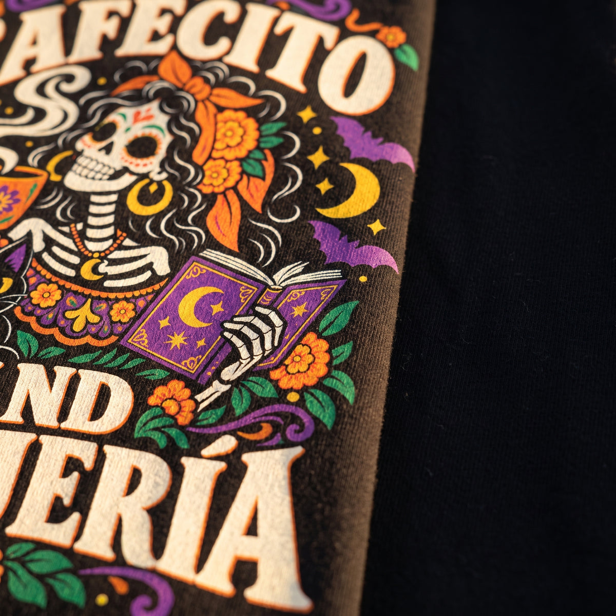 Cafecito and Brujería Graphic T-Shirt — Close-up — LA Custom Prints