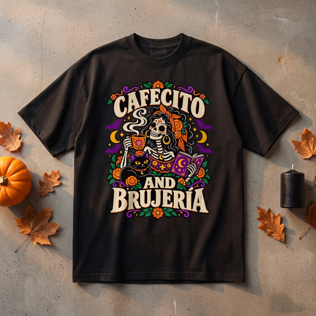 Cafecito and Brujería Graphic T-Shirt — Flat lay — LA Custom Prints