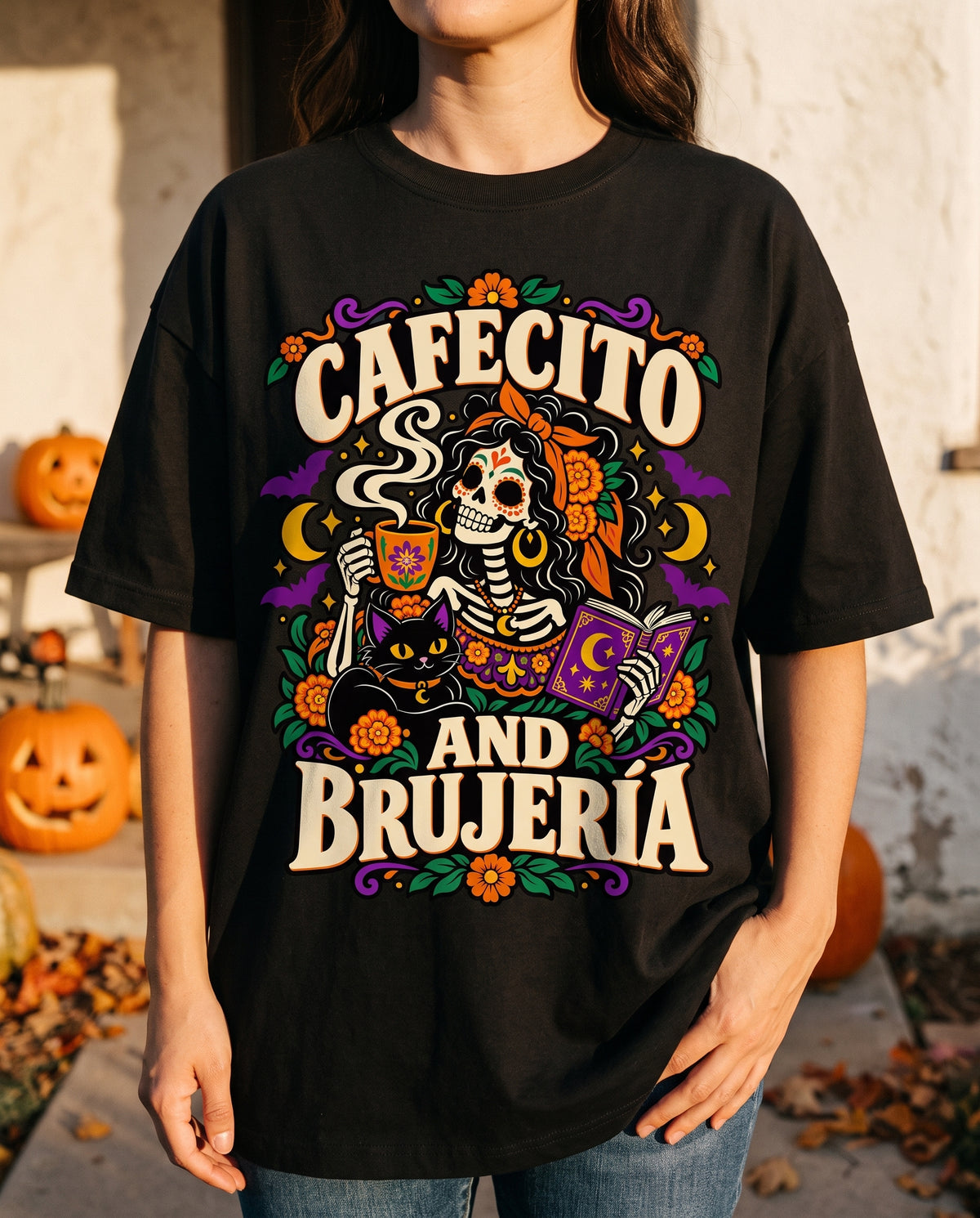 Cafecito and Brujería Graphic T-Shirt — Hero shot — LA Custom Prints