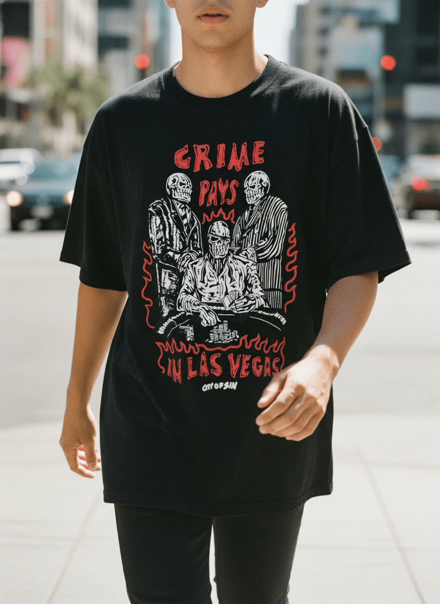 Crime Pays in Las Vegas Skeleton Poker Graphic Tee - Stonk Shark Co.