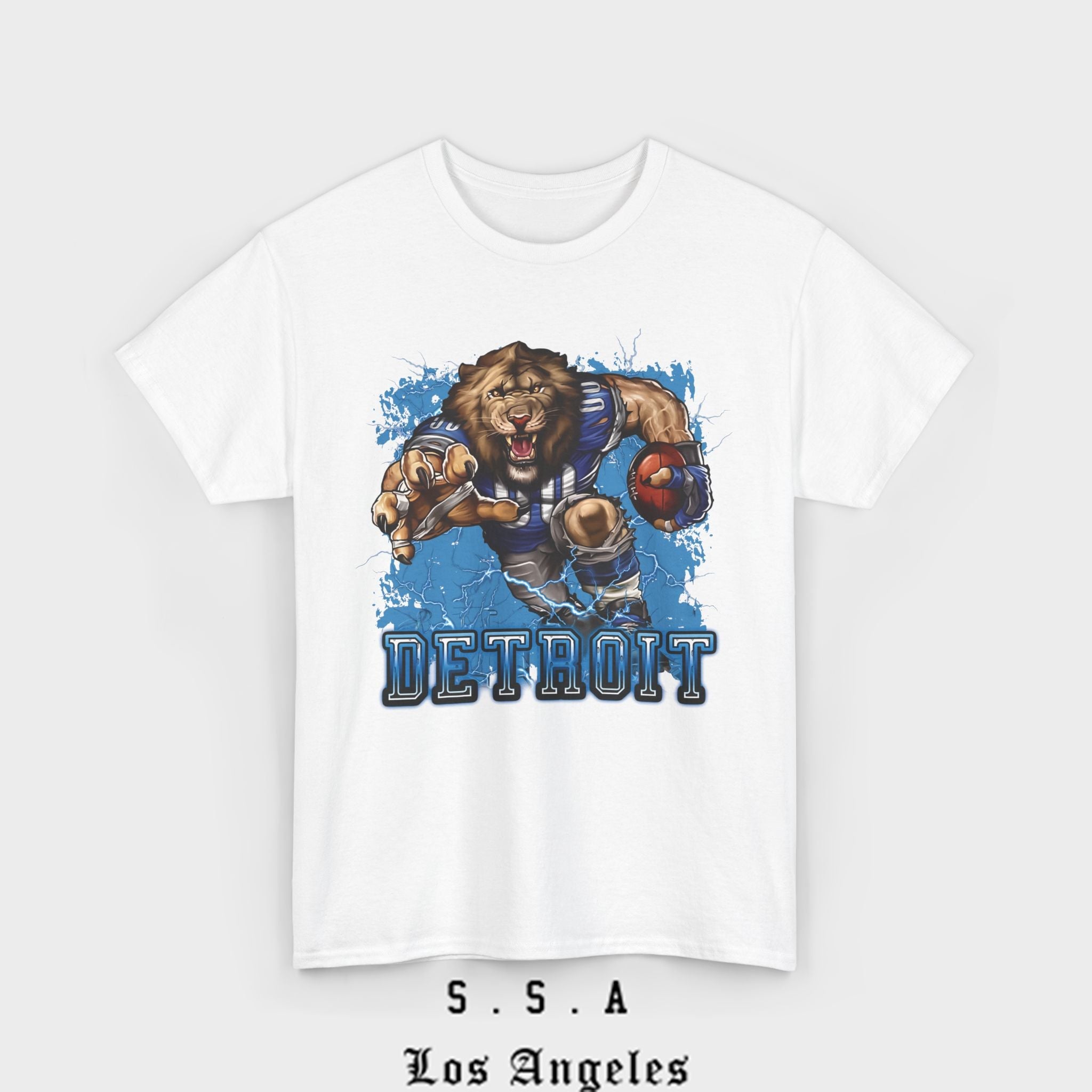 Detroit Football Mascot T-Shirt – Fun Cartoon Lion Fan Tee for Game Day - Stonk Shark Co.