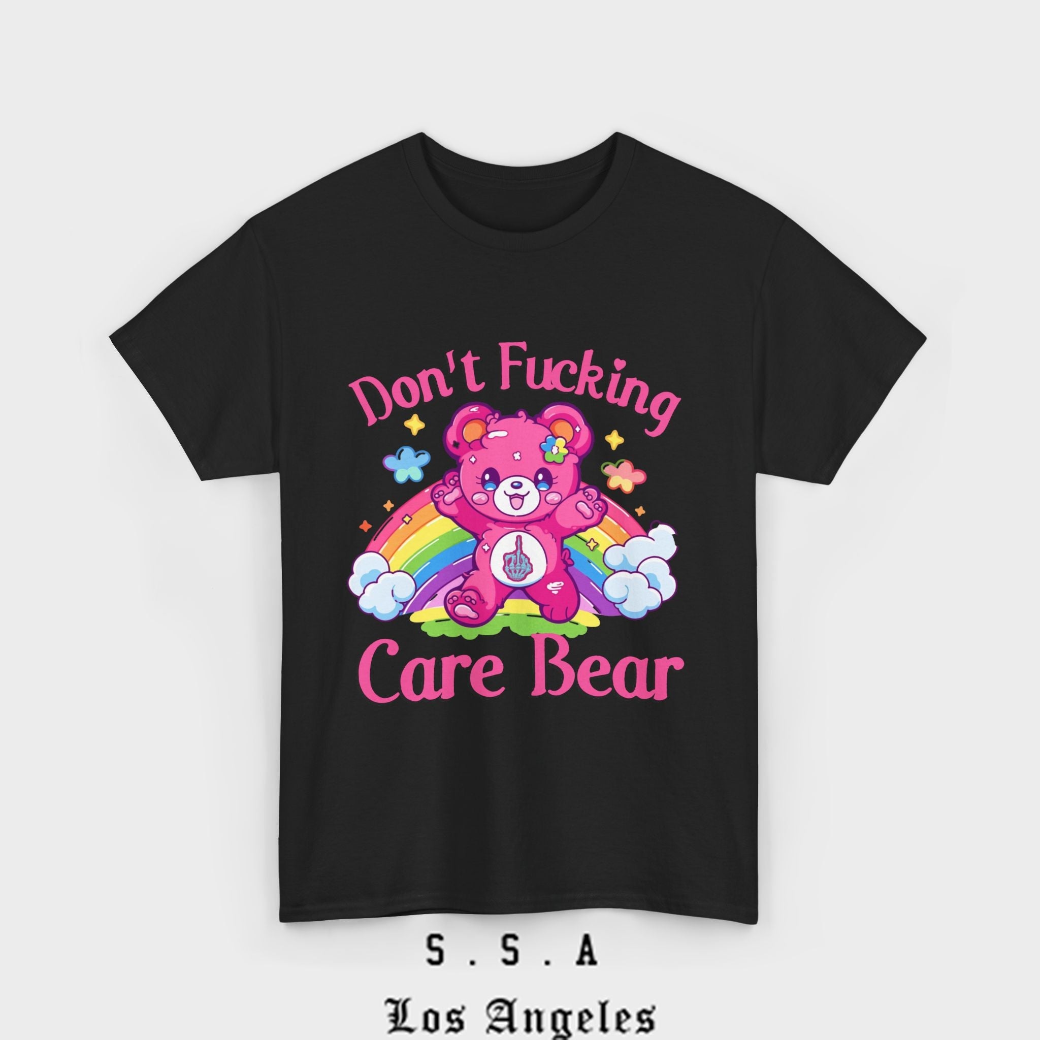 Don’t F***ing Care Bear T-Shirt – Funny Rainbow Graphic Tee - Stonk Shark Co.