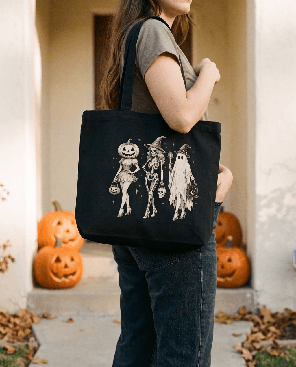 Halloween Trio Skeleton Witch Ghost Canvas Tote Bag - Stonk Shark Co.