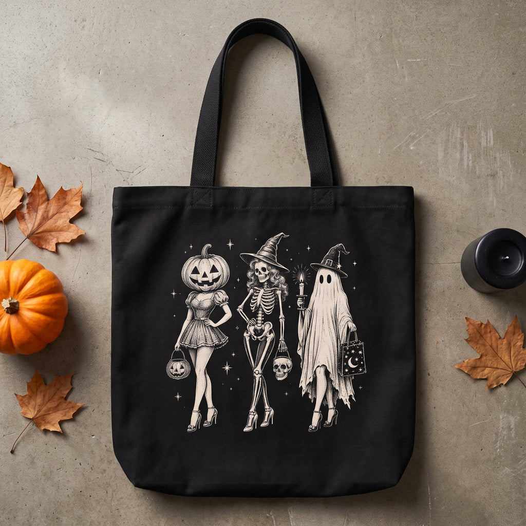 Halloween Trio Skeleton Witch Ghost Canvas Tote Bag - Stonk Shark Co.