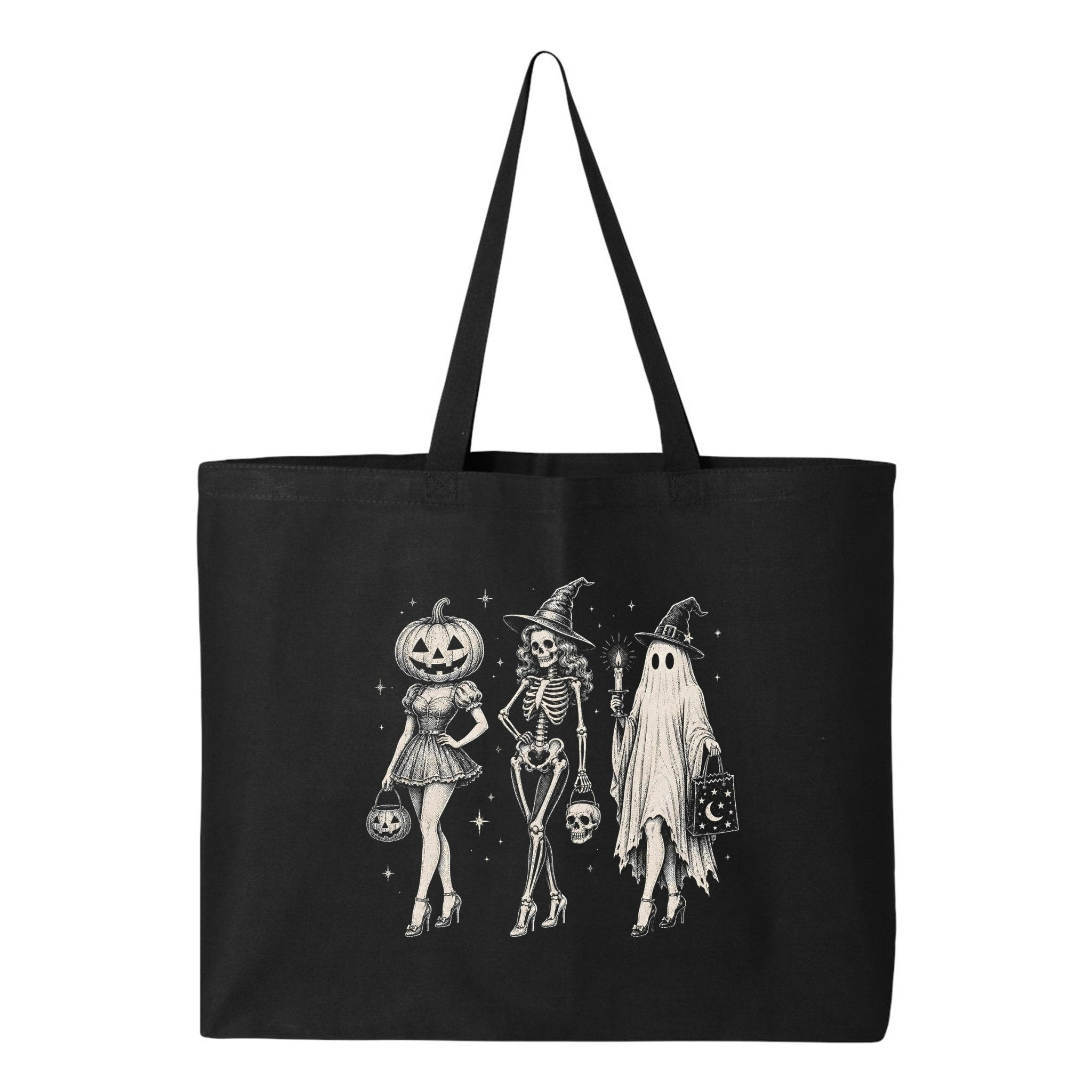 Halloween Trio Skeleton Witch Ghost Canvas Tote Bag - Stonk Shark Co.