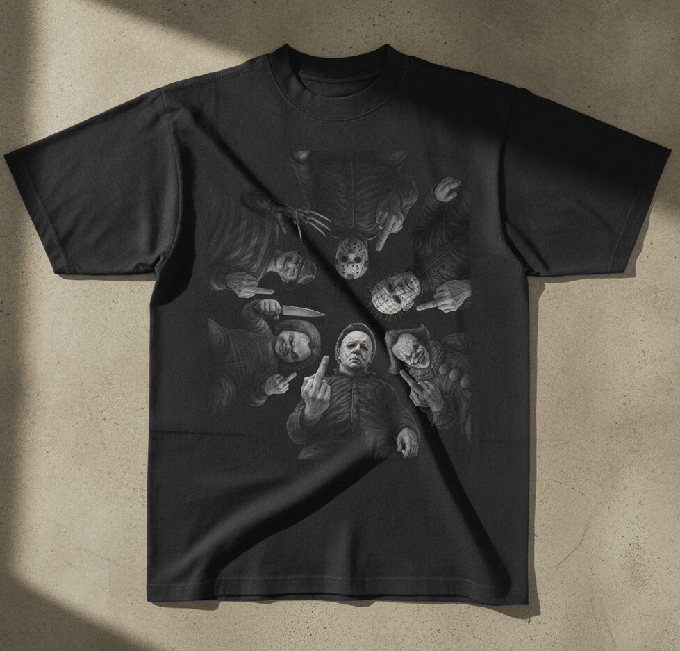 Horror Icons Middle Finger Graphic Tee - Stonk Shark Co.