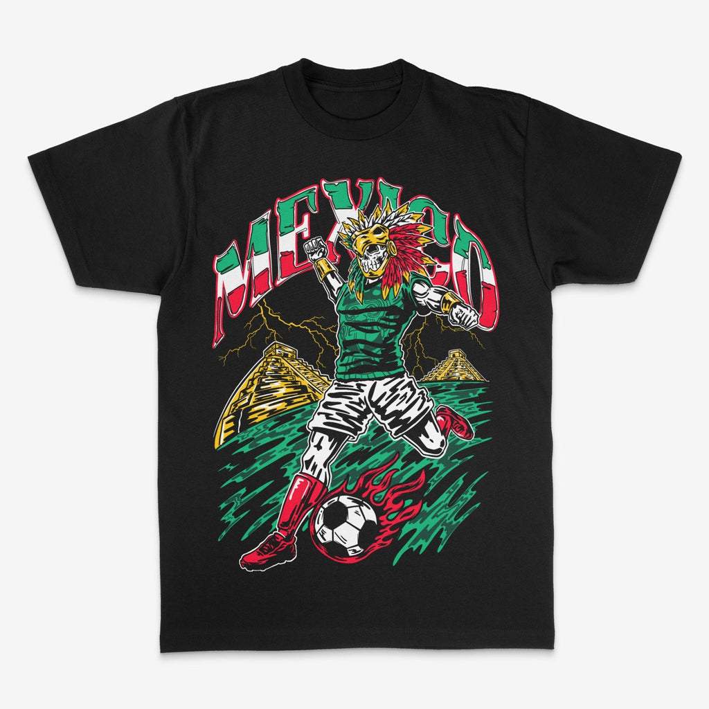 Mexico Aztec Skeleton Warrior Soccer T-Shirt - Stonk Shark Co.