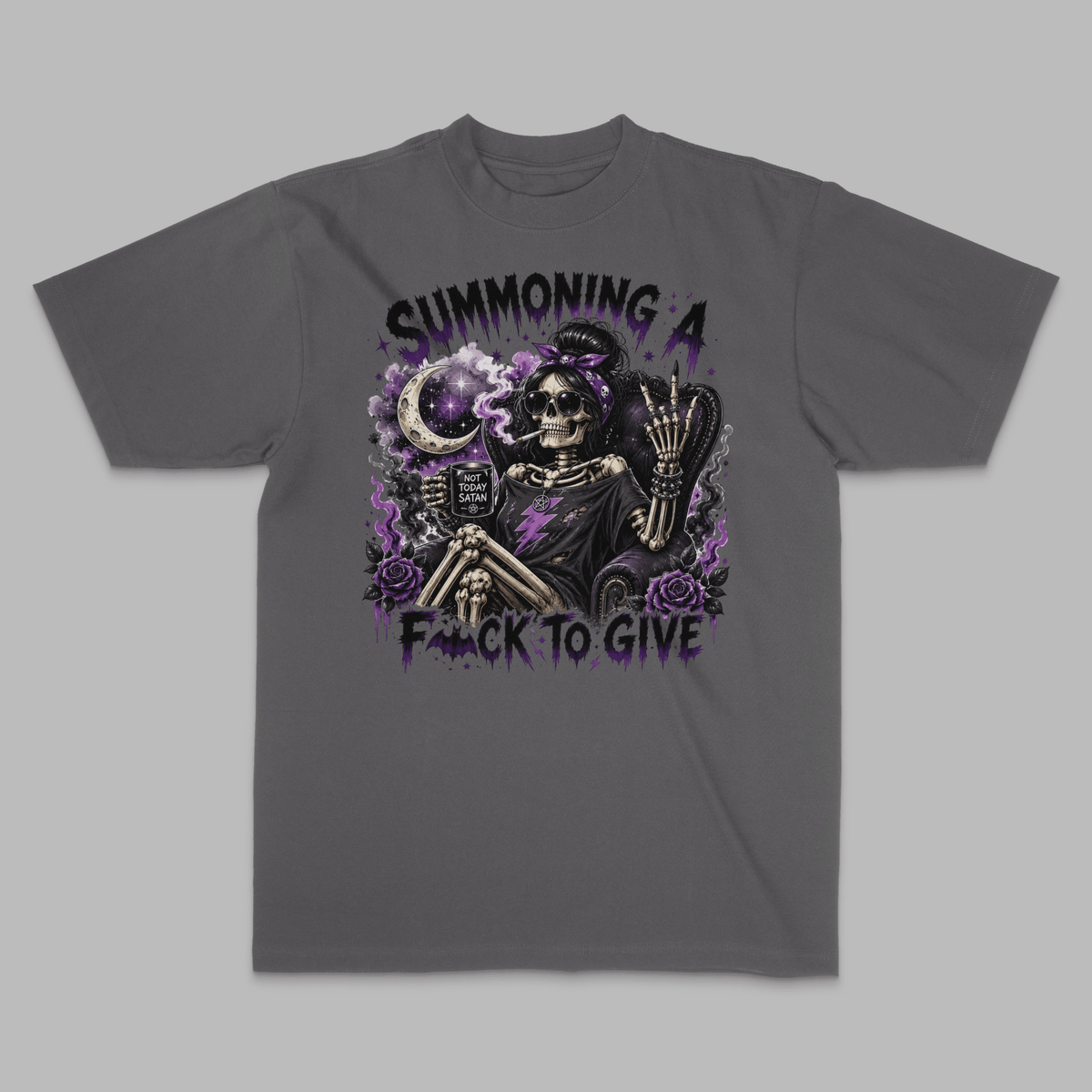 Summoning A F*ck to Give Gothic Skeleton Graphic Tee - Stonk Shark Co.